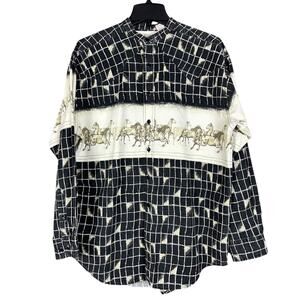 Western Plains Trading Co Men Shirt Size Large Black Tan Horses Check Button Up